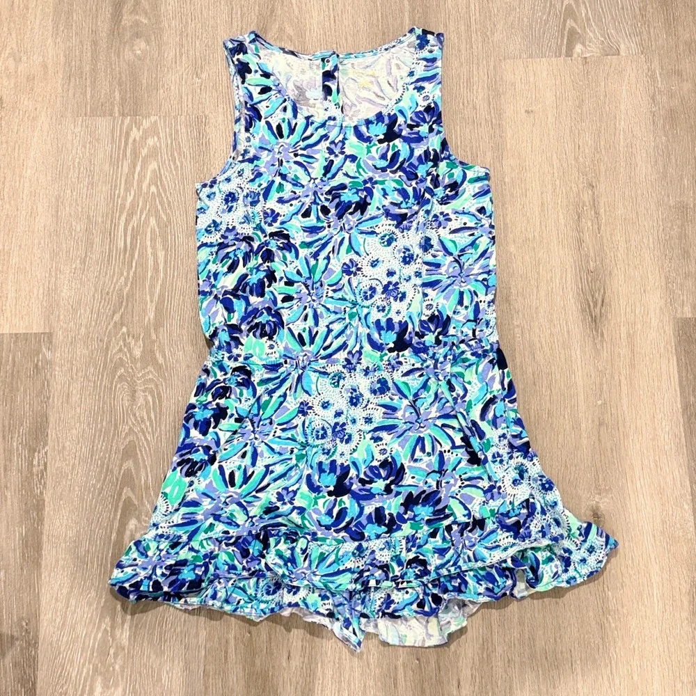 Lilly Pulitzer Girls Blue Floral Sleeveless Ruffle Skort Romper Size XL 12-14